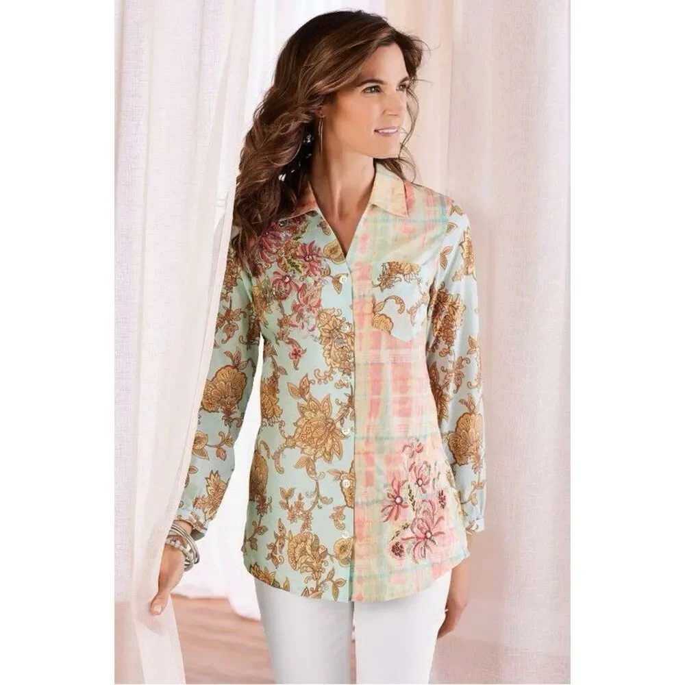 Soft Surroundings Multicolor embroidered embellished tunic blouse 100% cotton L